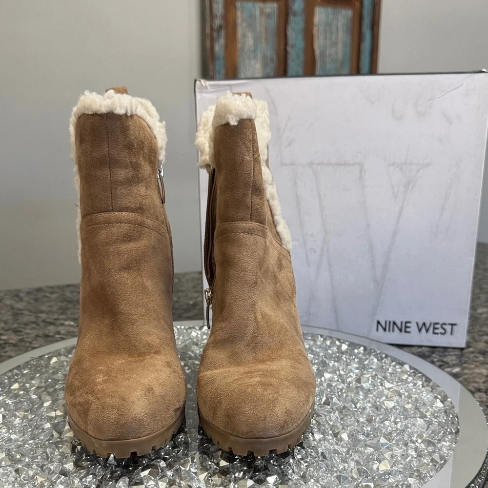 Nine West Camino 2 Brown Wedge Sherpa lined Boots with Shearling Trim 7